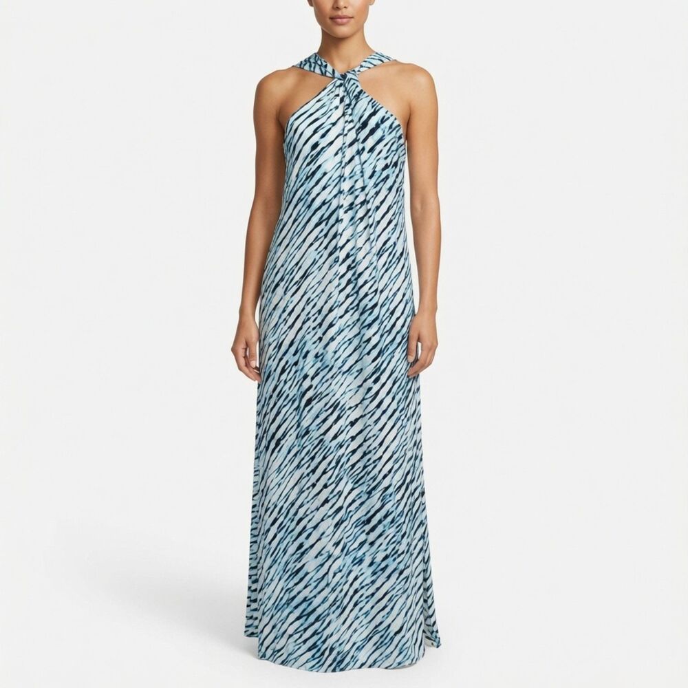 Worthington Blue Black White Abstract Halter Maxi Dress Size M